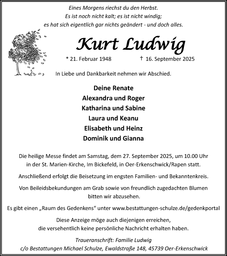  Traueranzeige für Kurt Ludwig vom 20.09.2025 aus Trauer Vest