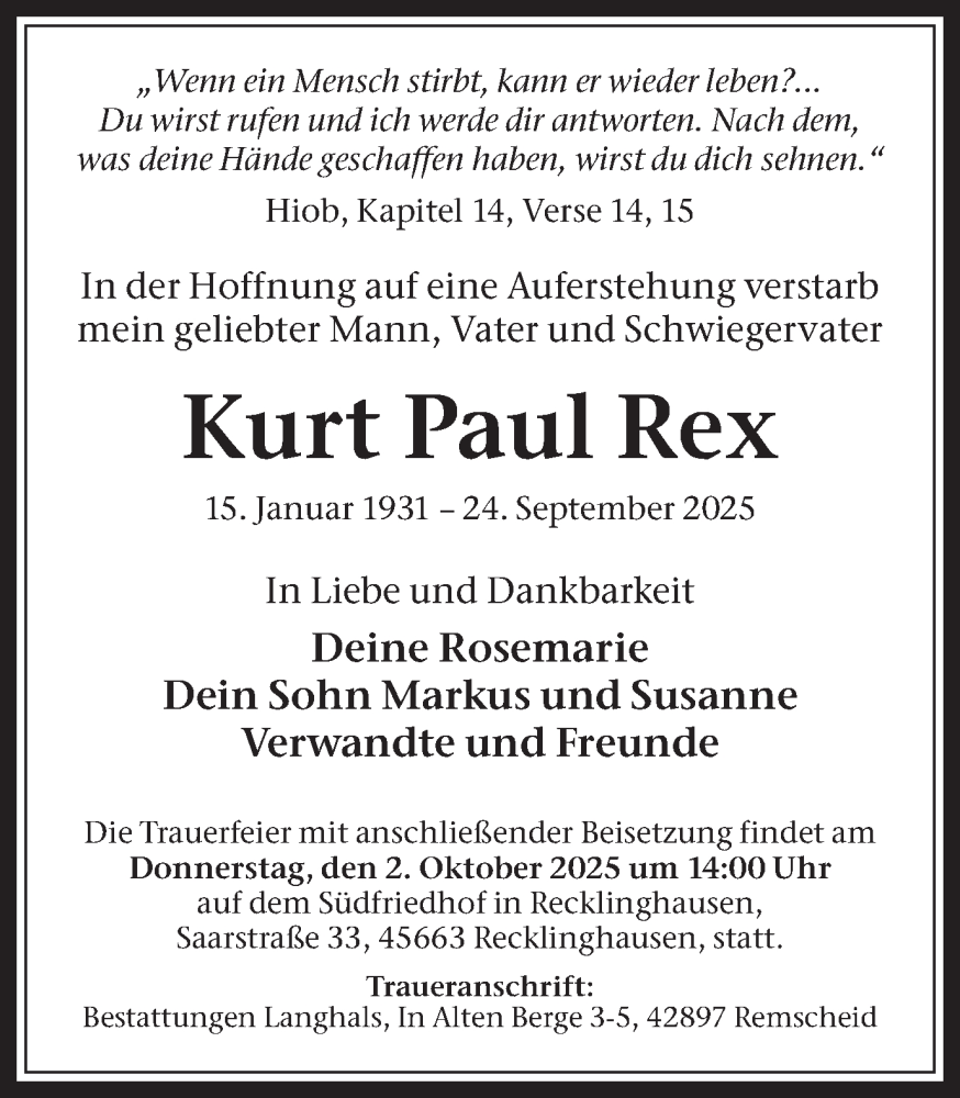  Traueranzeige für Kurt Paul Rex vom 27.09.2025 aus Trauer Vest