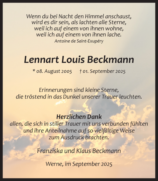Traueranzeige von Lennart Louis Beckmann von Ruhr Nachrichten