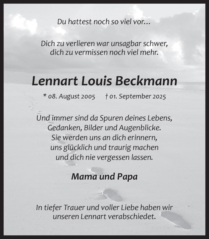  Traueranzeige für Lennart Louis Beckmann vom 13.09.2025 aus Ruhr Nachrichten