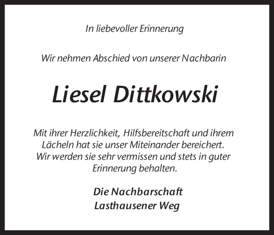 Traueranzeige von Liesel Dittkowski von Ruhr Nachrichten und Dorstener Zeitung
