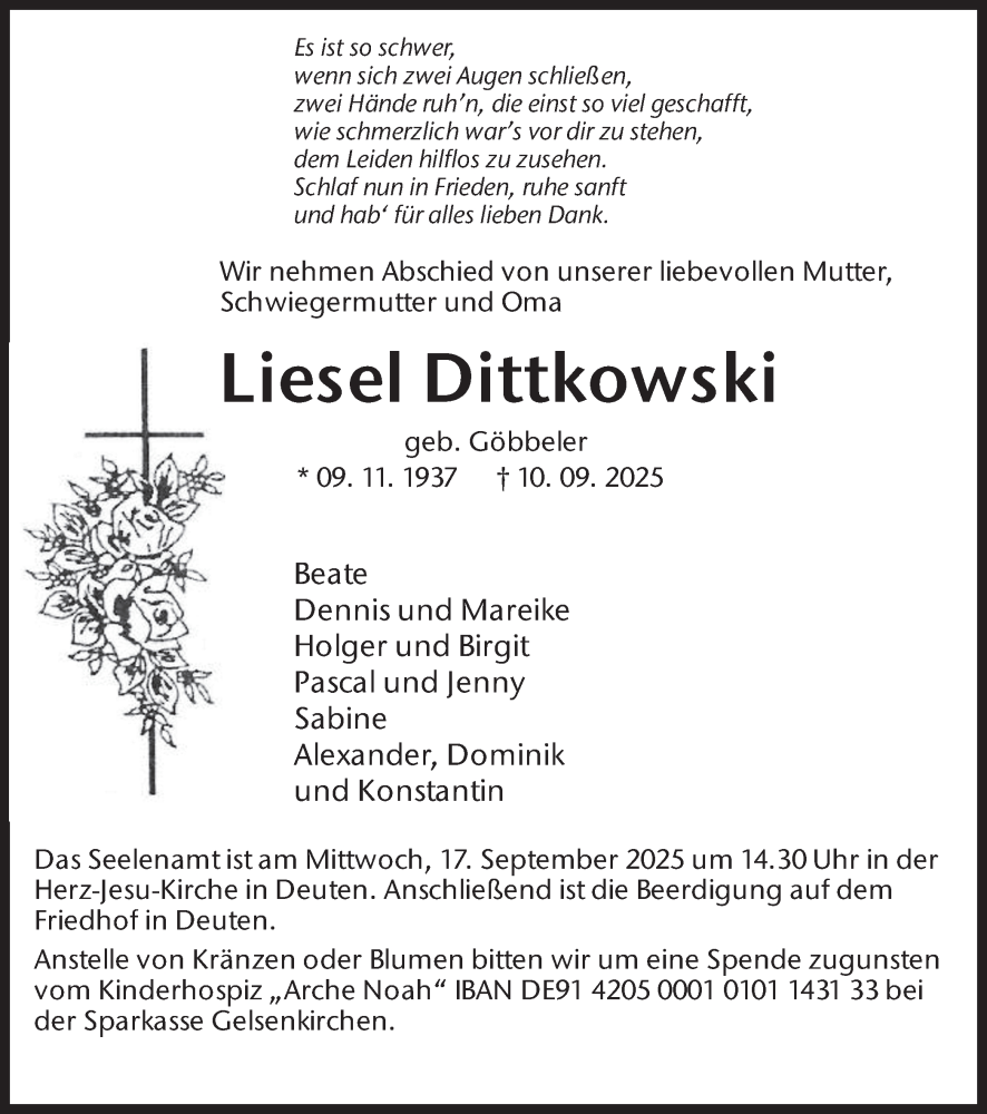  Traueranzeige für Liesel Dittkowski vom 13.09.2025 aus Ruhr Nachrichten und Dorstener Zeitung