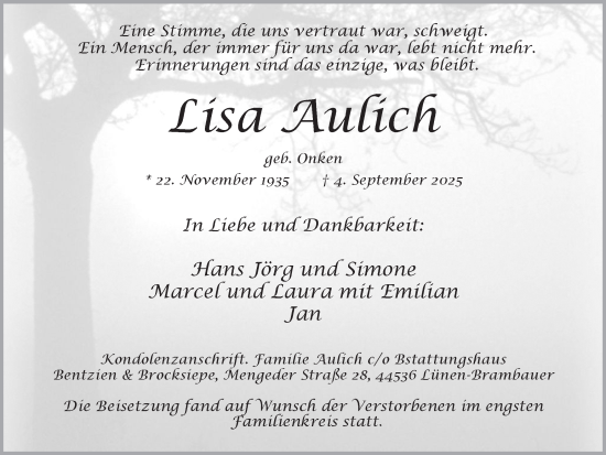 Traueranzeige von Lisa Aulich von Ruhr Nachrichten