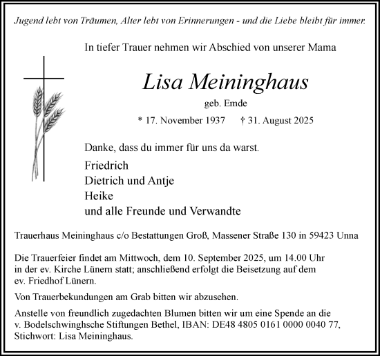 Traueranzeige von Lisa Meininghaus von Hellweger Anzeiger