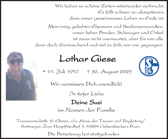 Traueranzeige von Lothar Giese von Ruhr Nachrichten und Dorstener Zeitung