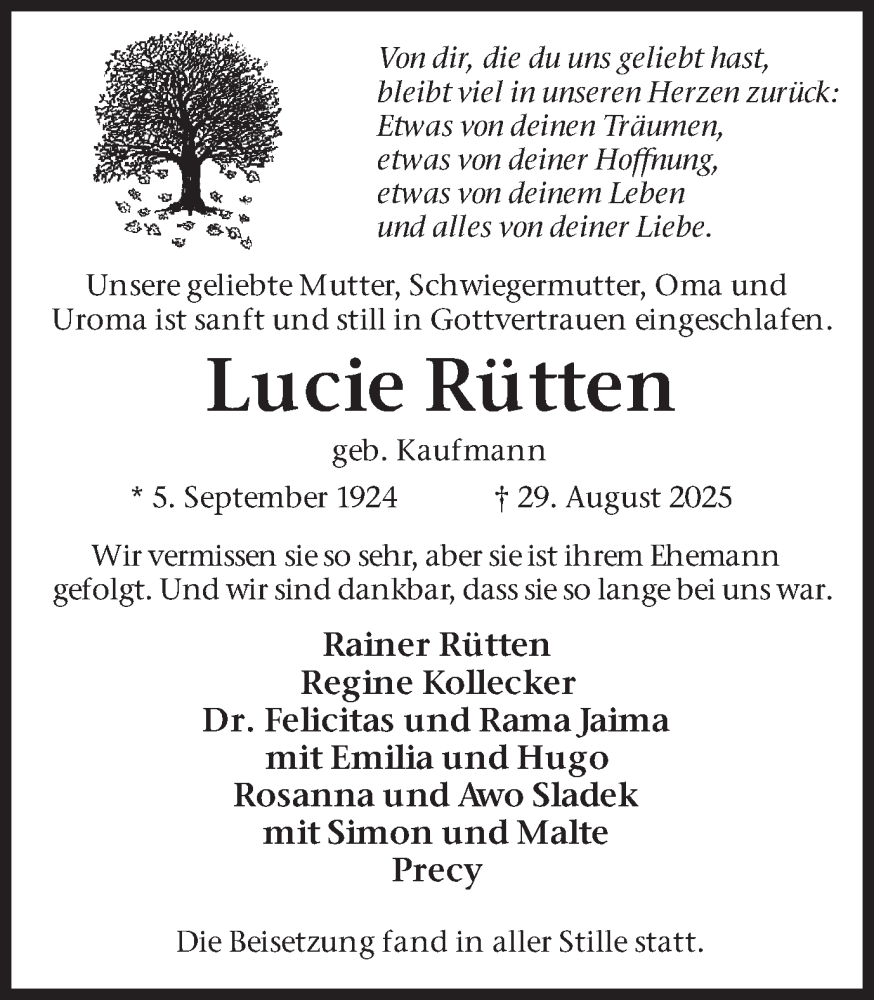  Traueranzeige für Lucie Rütten vom 13.09.2025 aus Ruhr Nachrichten