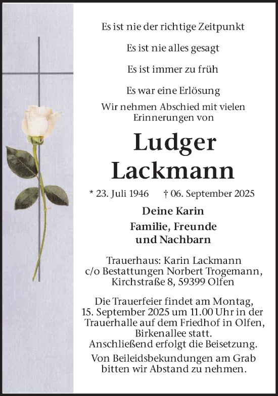 Traueranzeige von Ludger Lackmann von Ruhr Nachrichten