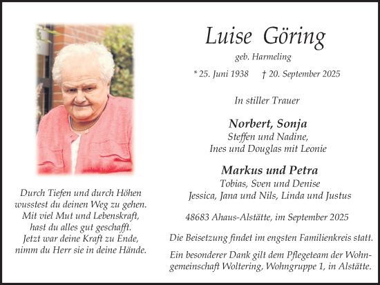 Traueranzeige von Luise Göring von Münsterland Zeitung