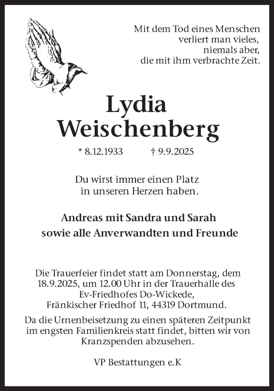 Traueranzeige von Lydia Weischenberg von Ruhr Nachrichten