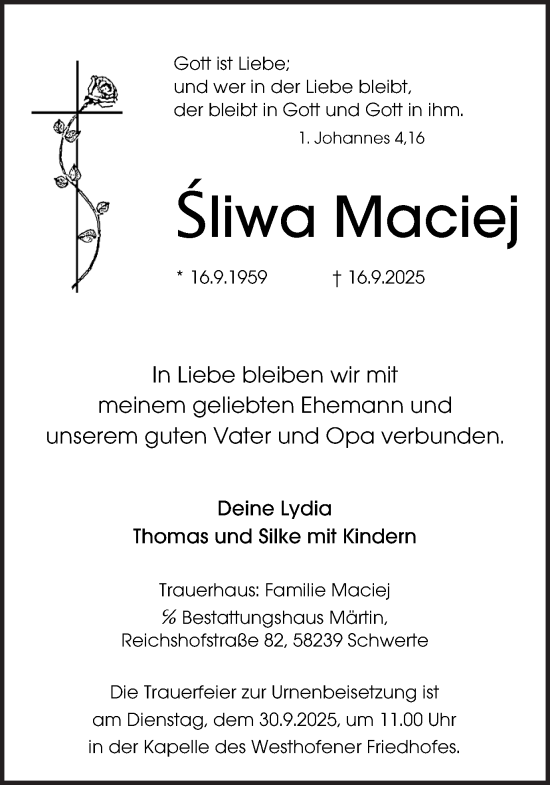Traueranzeige von Maciej Śliwa von Ruhr Nachrichten