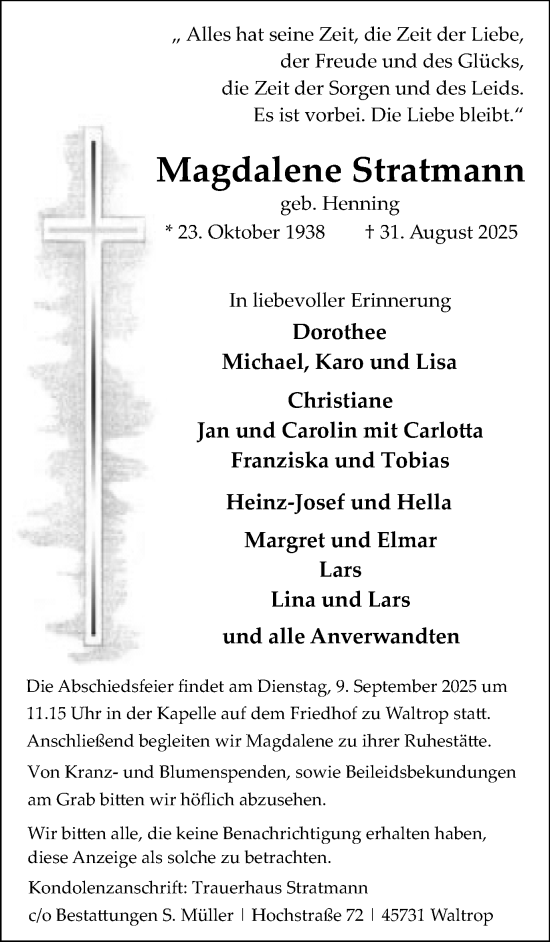 Traueranzeige von Magdalene Stratmann von Trauer Vest
