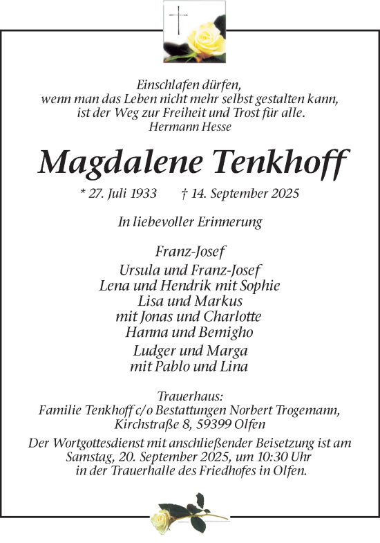 Traueranzeige von Magdalene Tenkhoff von Trauer Vest