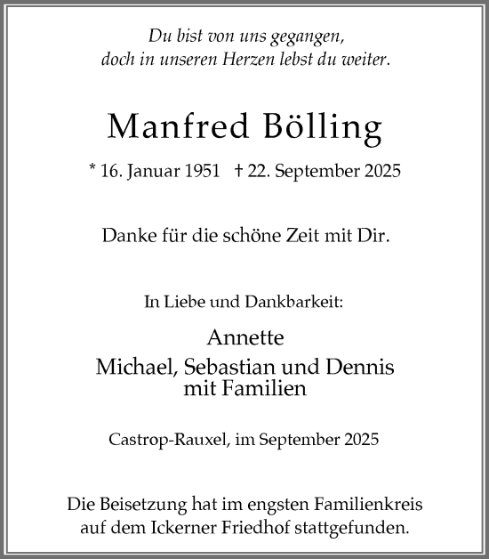 Traueranzeige von Manfred Bölling von Stadtanzeiger Castrop-Rauxel