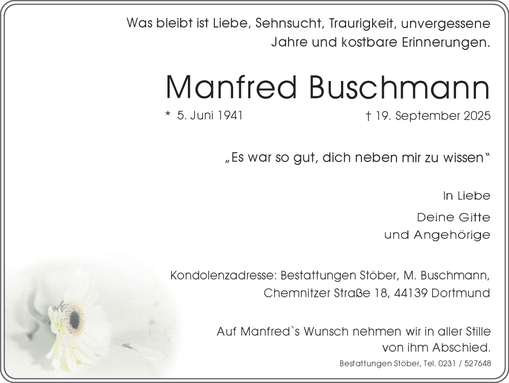  Traueranzeige für Manfred Buschmann vom 27.09.2025 aus Ruhr Nachrichten