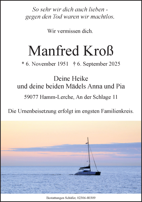 Traueranzeige von Manfred Kroß von Hellweger Anzeiger