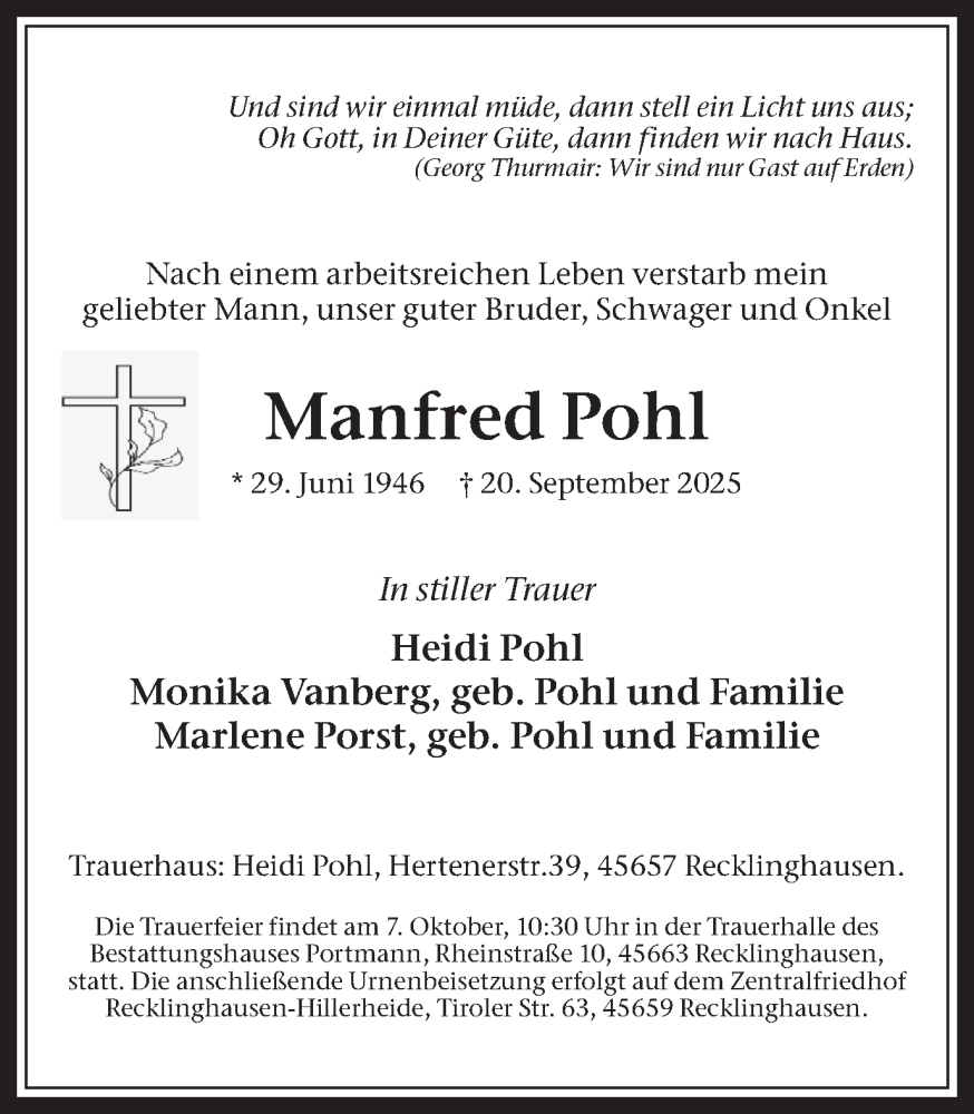  Traueranzeige für Manfred Pohl vom 27.09.2025 aus Trauer Vest