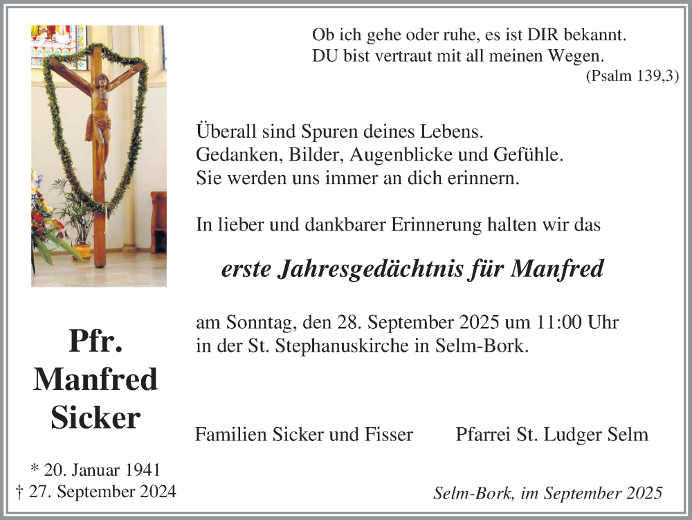  Traueranzeige für Manfred Sicker vom 20.09.2025 aus Ruhr Nachrichten