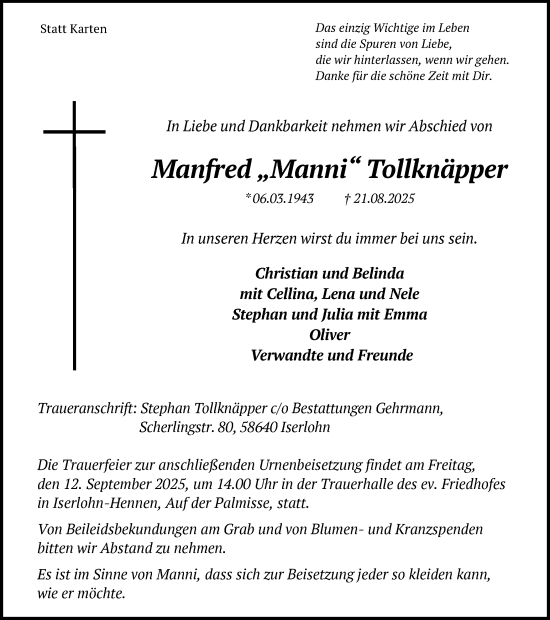 Traueranzeige von Manfred Tollknäpper von Ruhr Nachrichten