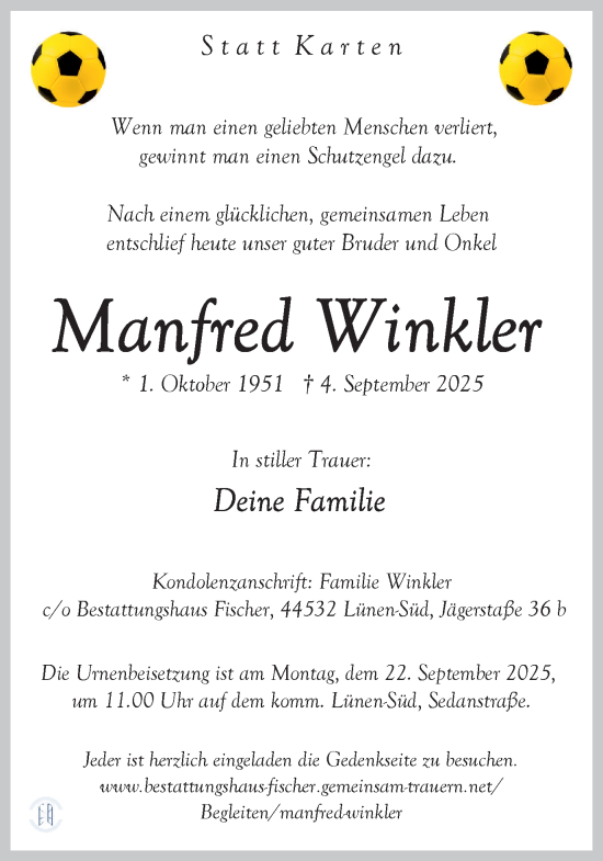 Traueranzeige von Manfred Winkler von Lüner Anzeiger