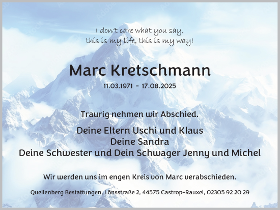 Traueranzeige von Marc Kretschmann von Stadtanzeiger Castrop-Rauxel