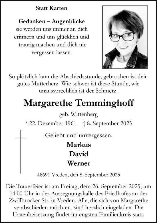 Traueranzeige von Margarethe Temminghoff von Münsterland Zeitung