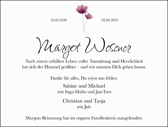 Traueranzeige von Margot Wesener 
