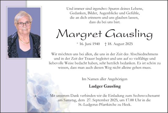 Traueranzeige von Margret Gausling von Münsterland Zeitung
