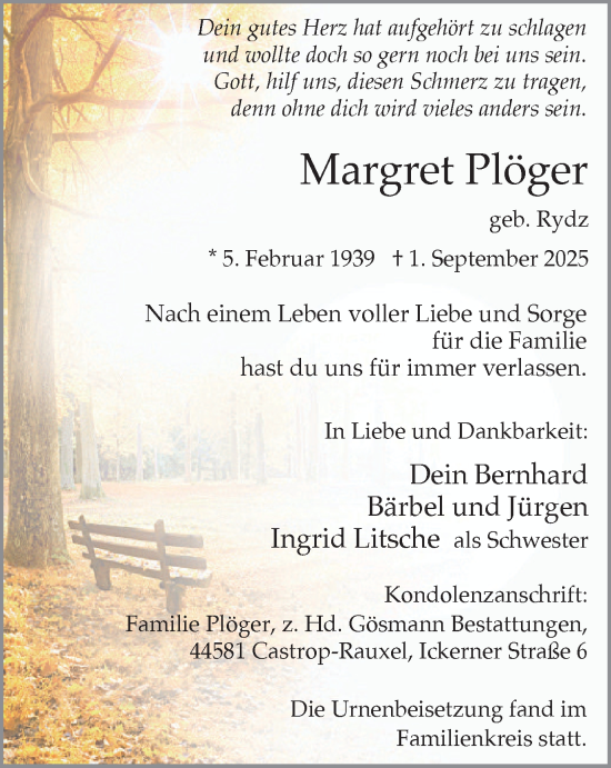 Traueranzeige von Margret Plöger von Stadtanzeiger Castrop-Rauxel