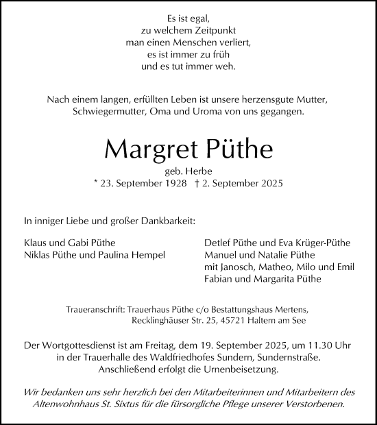 Traueranzeige von Margret Püthe von Ruhr Nachrichten und Halterner Zeitung