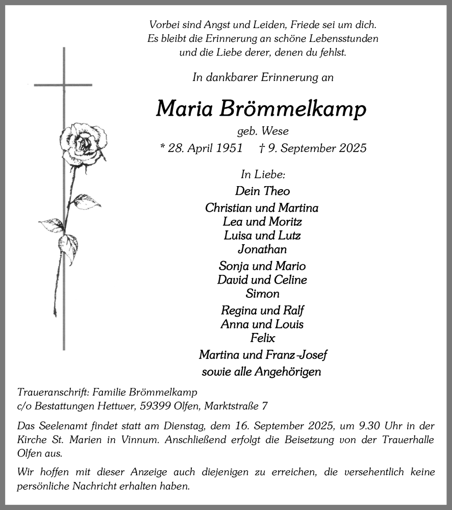  Traueranzeige für Maria Brömmelkamp vom 13.09.2025 aus Ruhr Nachrichten