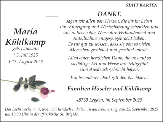 Traueranzeige von Maria Kühlkamp von Münsterland Zeitung