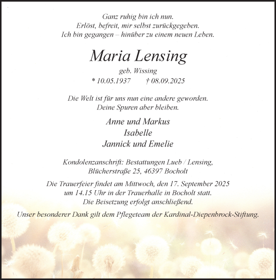 Traueranzeige von Maria Lensing 