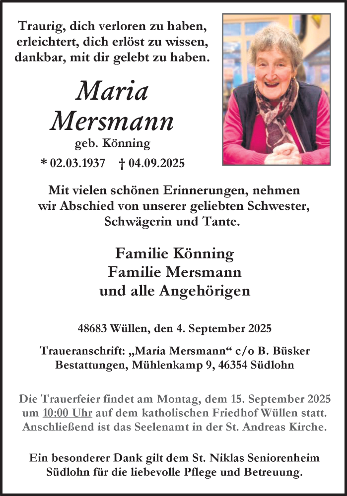  Traueranzeige für Maria Mersmann vom 11.09.2025 aus Münsterland Zeitung