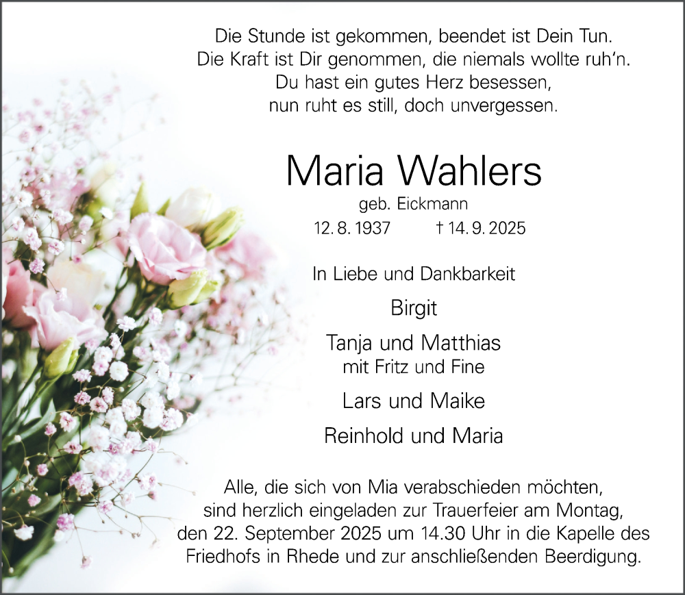  Traueranzeige für Maria Wahlers vom 18.09.2025 aus 
