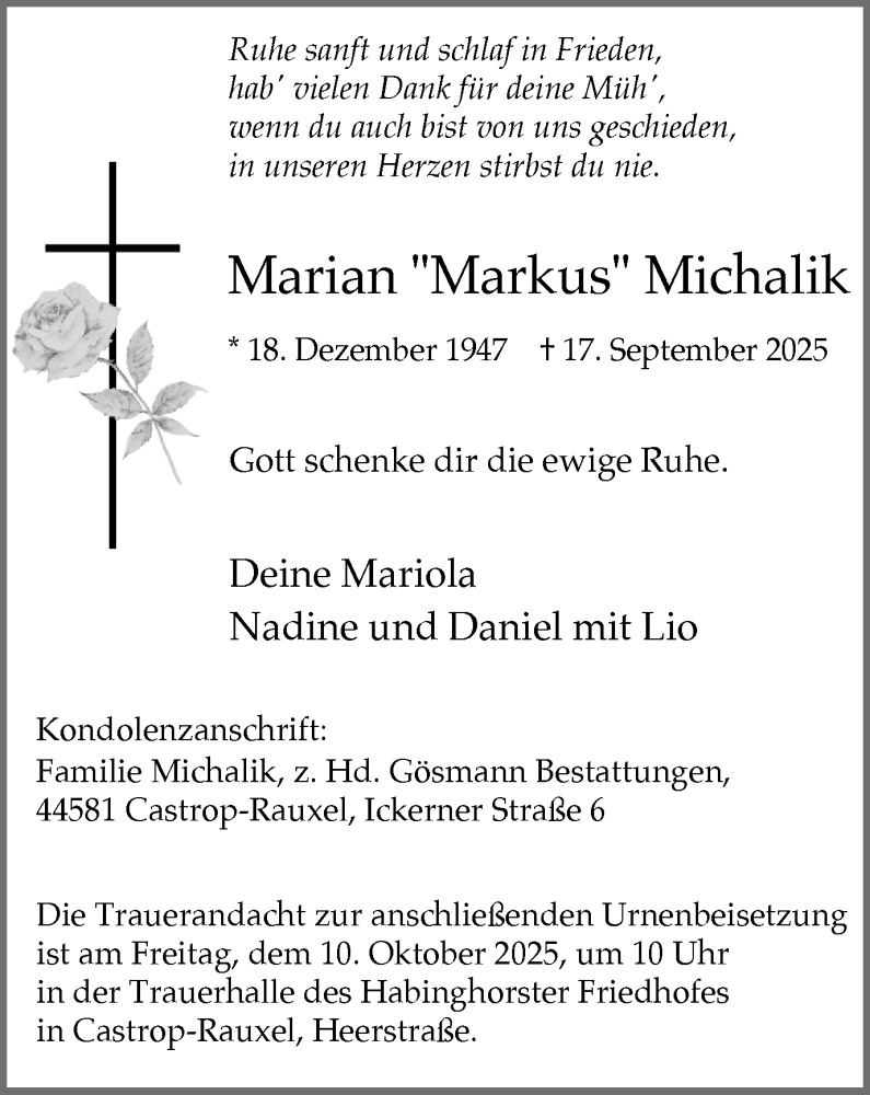  Traueranzeige für Marian Markus Michalik vom 27.09.2025 aus Stadtanzeiger Castrop-Rauxel