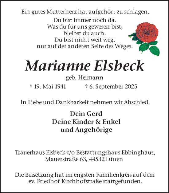 Traueranzeige von Marianne Elsbeck von Lüner Anzeiger