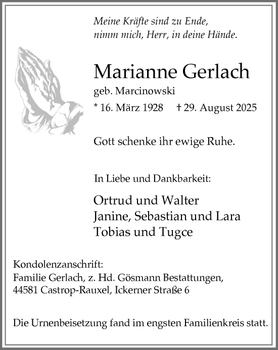 Traueranzeige von Marianne Gerlach von Stadtanzeiger Castrop-Rauxel