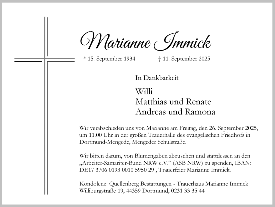 Traueranzeige von Marianne Immick von Ruhr Nachrichten