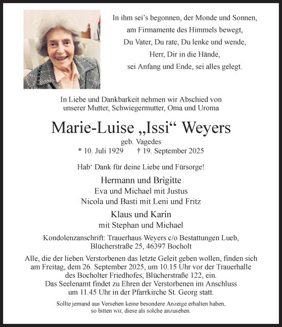 Traueranzeige von Marie-Luise Weyers 