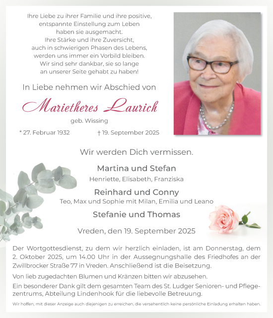 Traueranzeige von Marietheres Laurich von Münsterland Zeitung