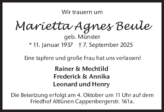 Traueranzeige von Marietta Agnes Beule von Ruhr Nachrichten