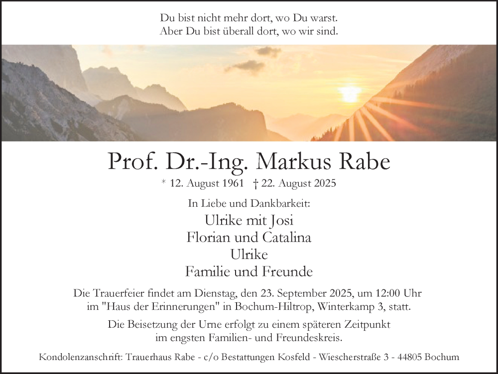  Traueranzeige für Markus Rabe vom 06.09.2025 aus Ruhr Nachrichten
