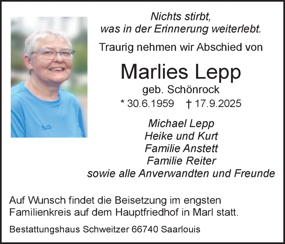  Traueranzeige für Marlies Lepp vom 27.09.2025 aus Trauer Vest