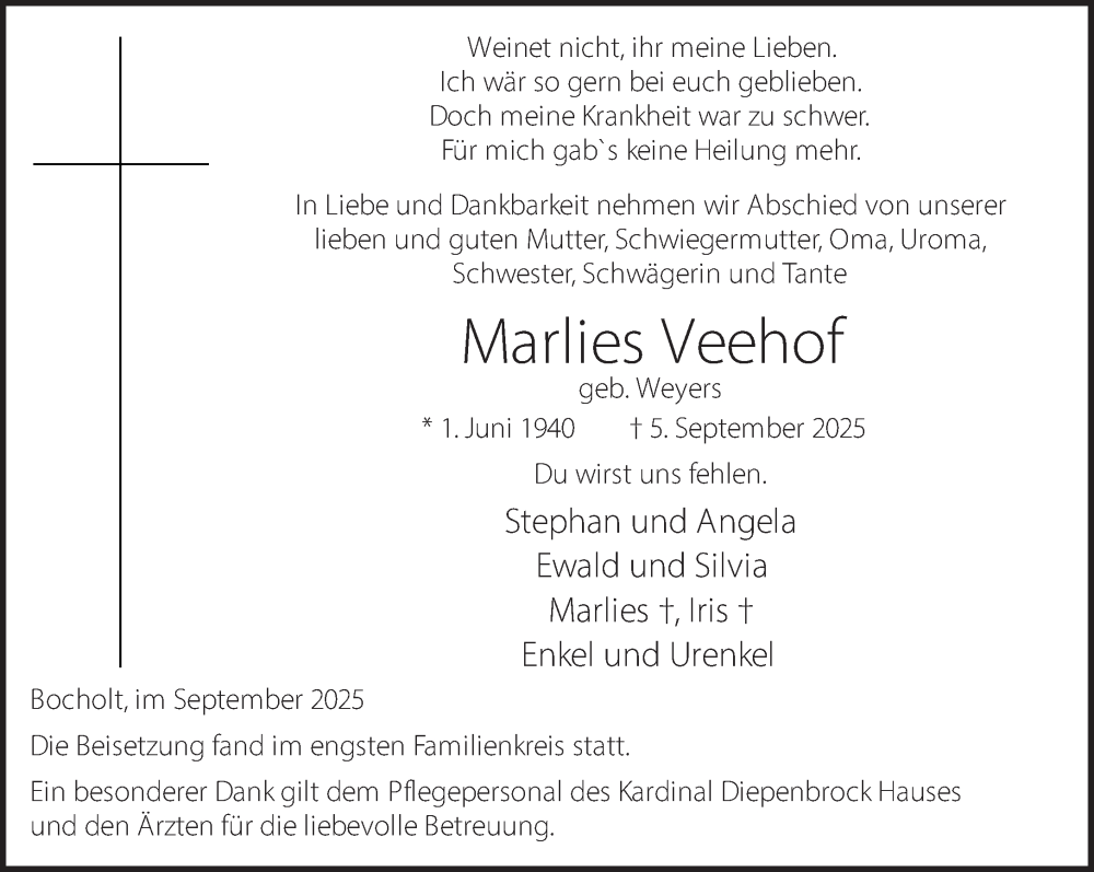  Traueranzeige für Marlies Veehof vom 20.09.2025 aus 