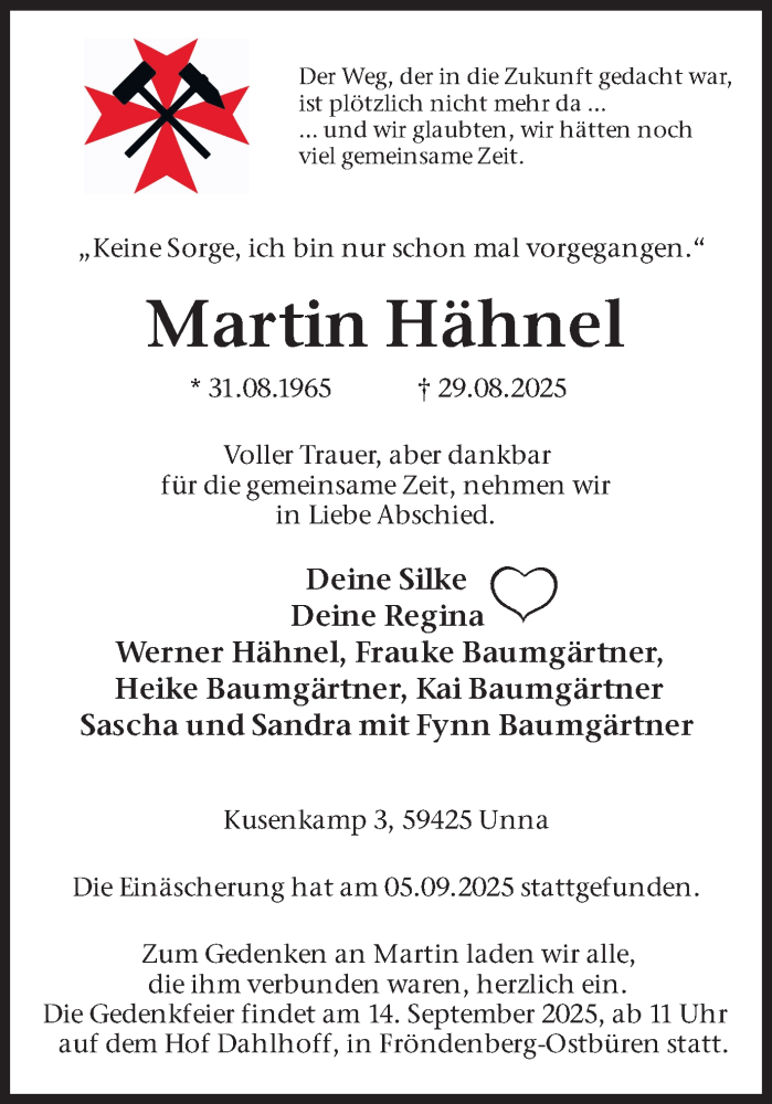  Traueranzeige für Martin Hähnel vom 06.09.2025 aus Hellweger Anzeiger