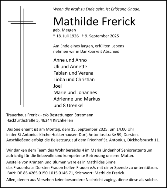 Traueranzeige von Mathilde Frerick von Ruhr Nachrichten und Dorstener Zeitung
