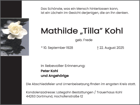 Traueranzeige von Mathilde Kohl von Ruhr Nachrichten