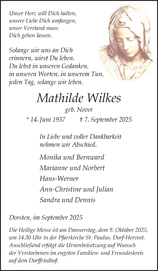 Traueranzeige von Mathilde Wilkes von Ruhr Nachrichten und Dorstener Zeitung