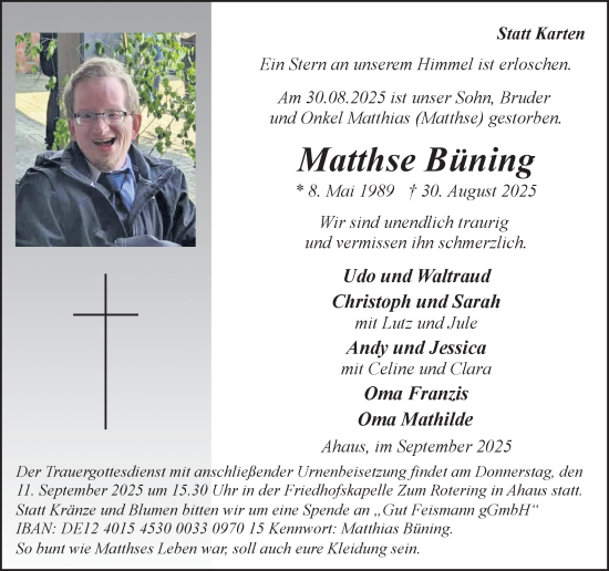 Traueranzeige von Matthias Büning von Münsterland Zeitung