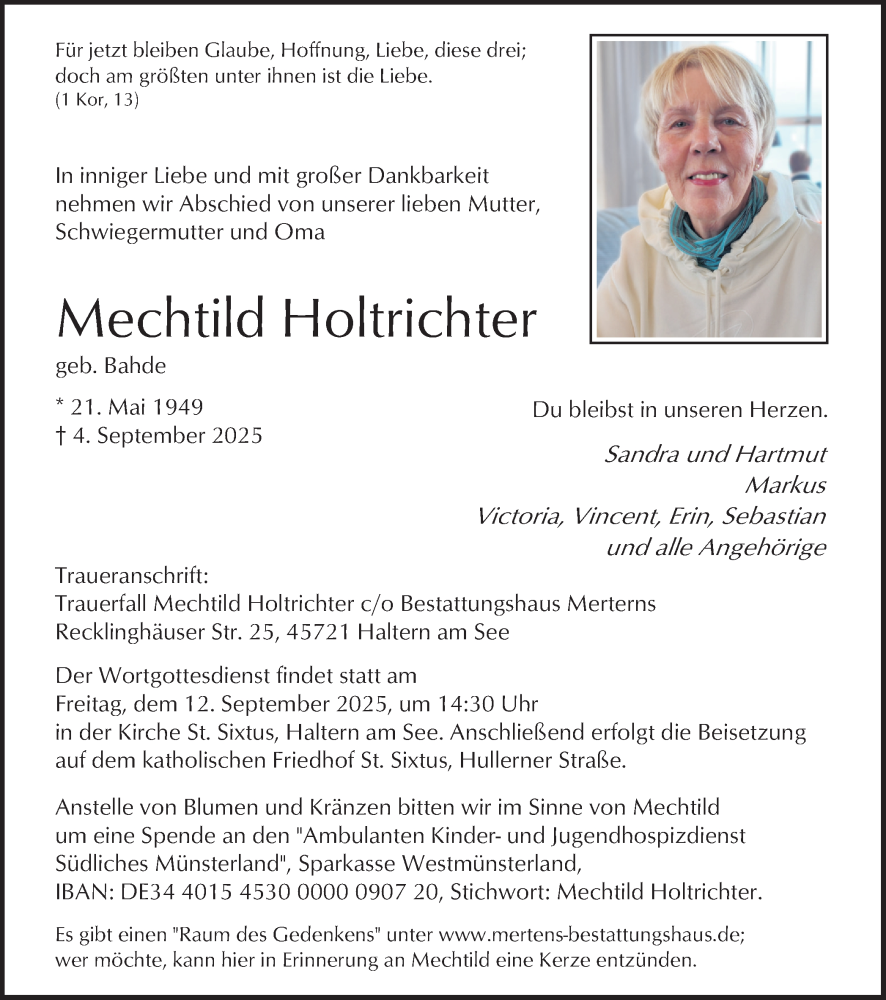  Traueranzeige für Mechtild Holtrichter vom 06.09.2025 aus Ruhr Nachrichten und Halterner Zeitung, Ruhr Nachrichten und Dorstener Zeitung